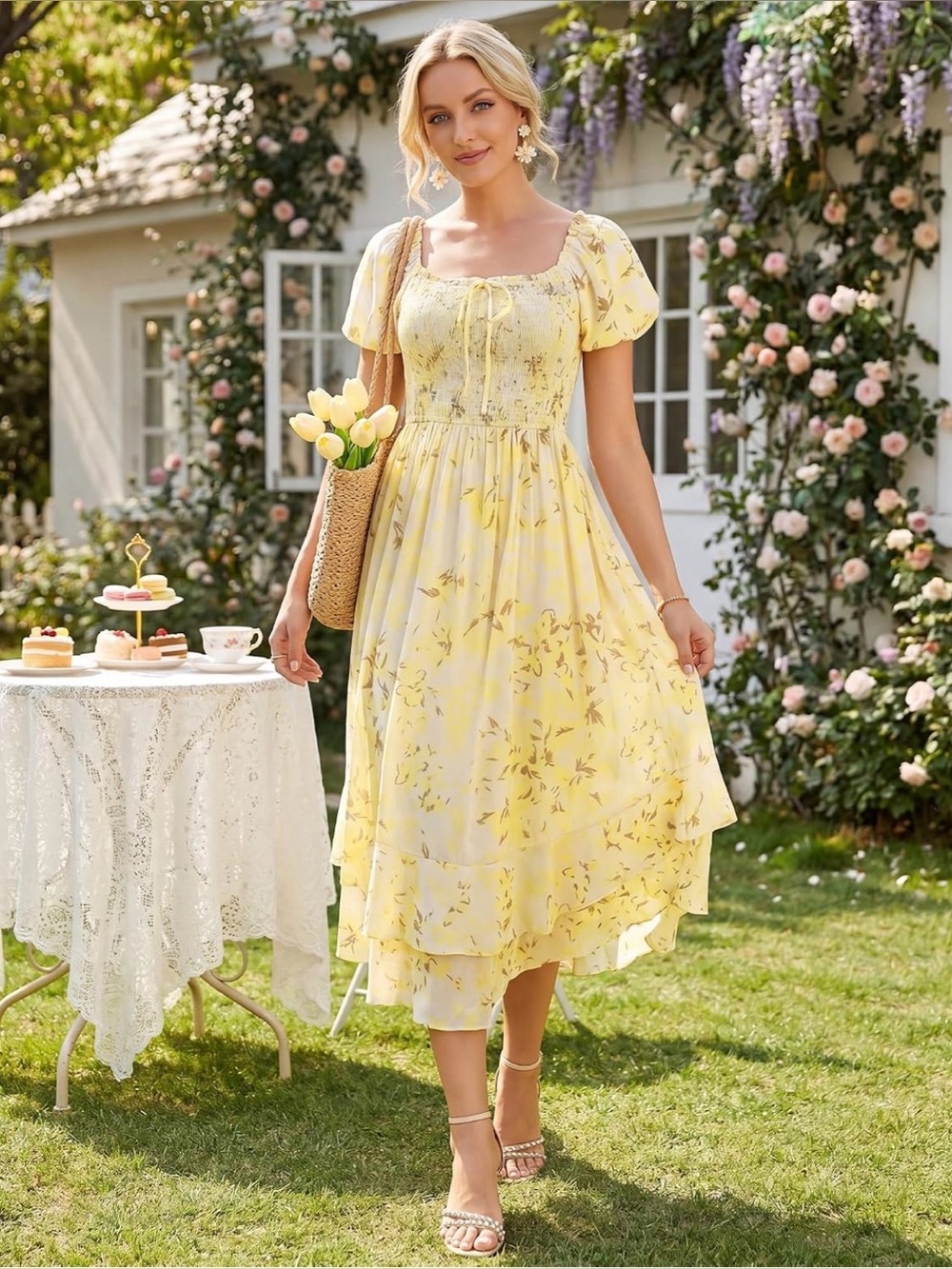 Grace Karin Yellow Floral Smocked Dress with Ruffle Trim